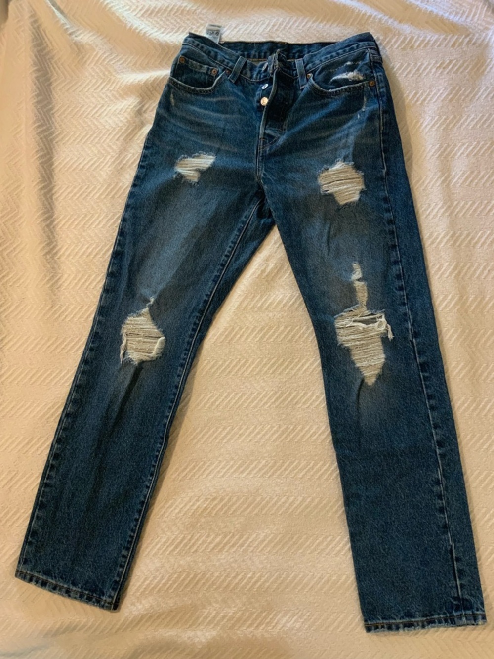 Levi's 501 Dark Blue Distressed Straight-Leg Jeans